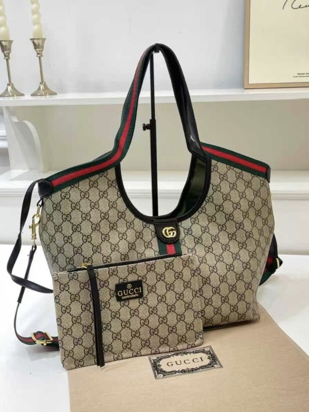 Beige Monogram Shoulder Bag with Green-Red Web Stripe